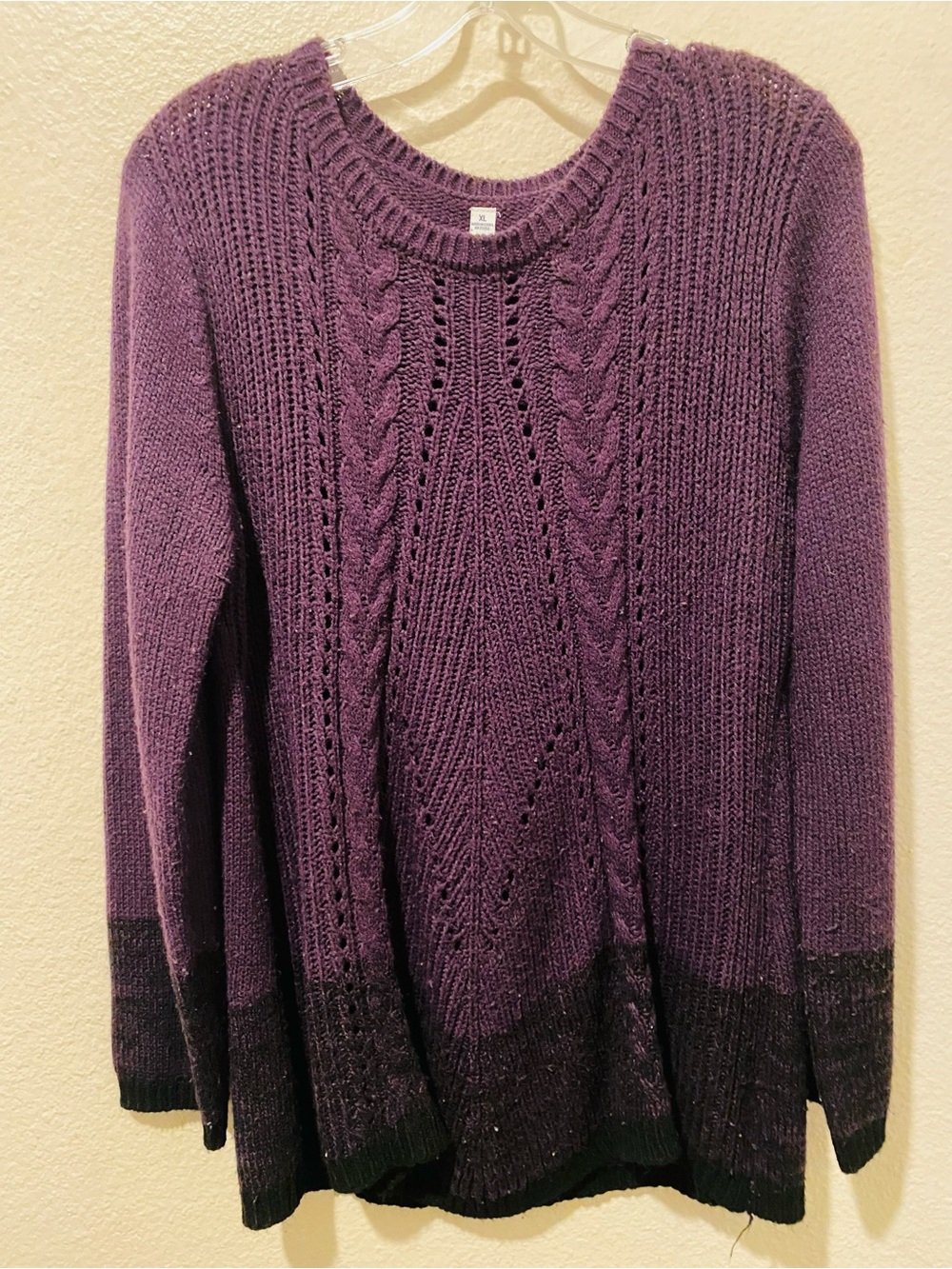 Indigo Purple Cable-Knit Crew Neck Sweater with Ombre Hem